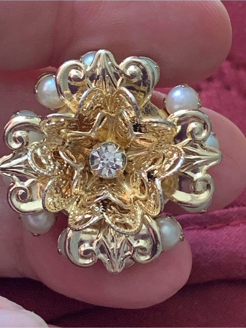 Vintage Gold Floral Brooch with Pearls and Clear Crystal